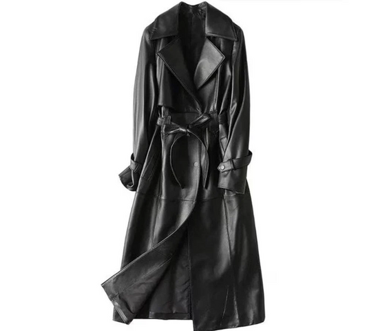 Women’s Handmade Winter Long Coat Real Lambskin Black Leather Trench Coat