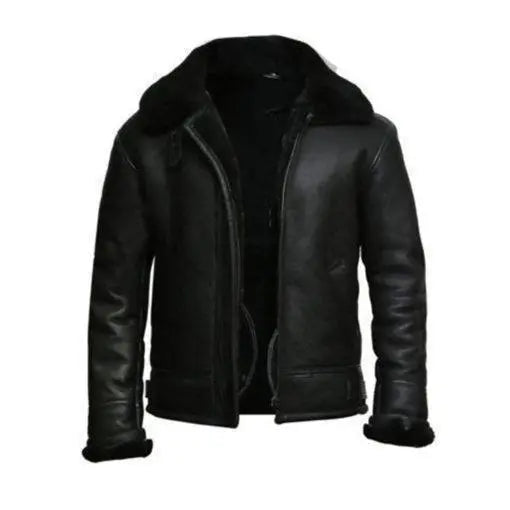 Black Genuine Leather Fur Collar Aviator Jacket