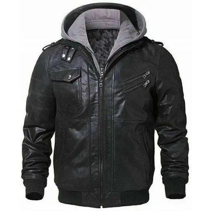 Black Biker Leather Jacket With Removable Hood