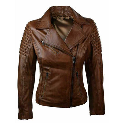 WOMEN BRANDO BROWN BIKER LEATHER JACKET