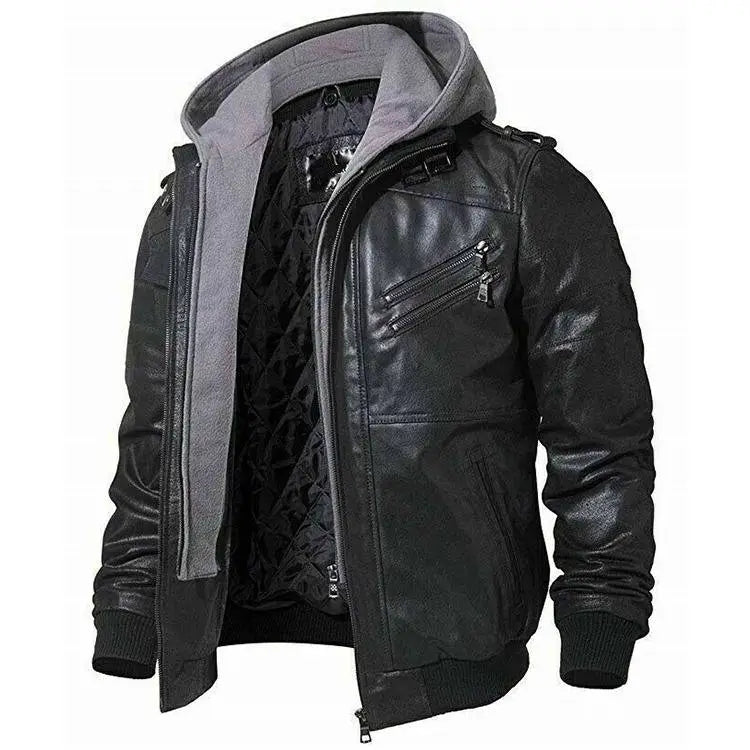 Black Biker Leather Jacket With Removable Hood