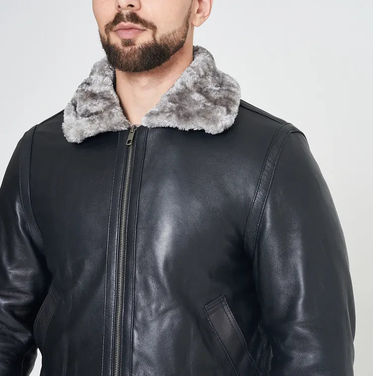 Aviator Black RAF B3 Shearling Grey Fur Leather Jacket