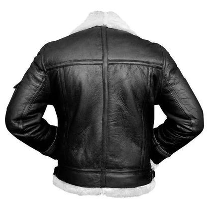 Black Aviator White Fur Jacket In Genuine Leather