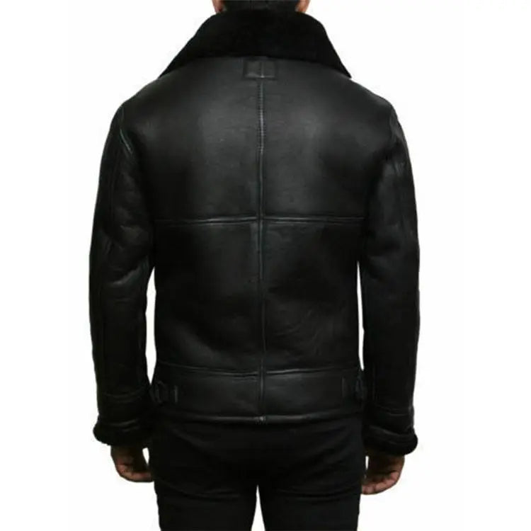 Black Genuine Leather Fur Collar Aviator Jacket