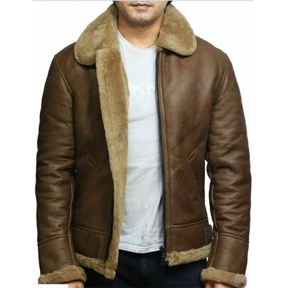 Men’s Leather Jacket With Fur Shearling Collar