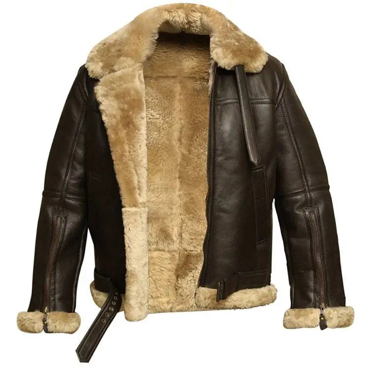 Brown Aviator Shearling Leather Belted Jacket Jacket