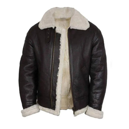 Black Bomber Fur Collar Shearling Leather Jacket