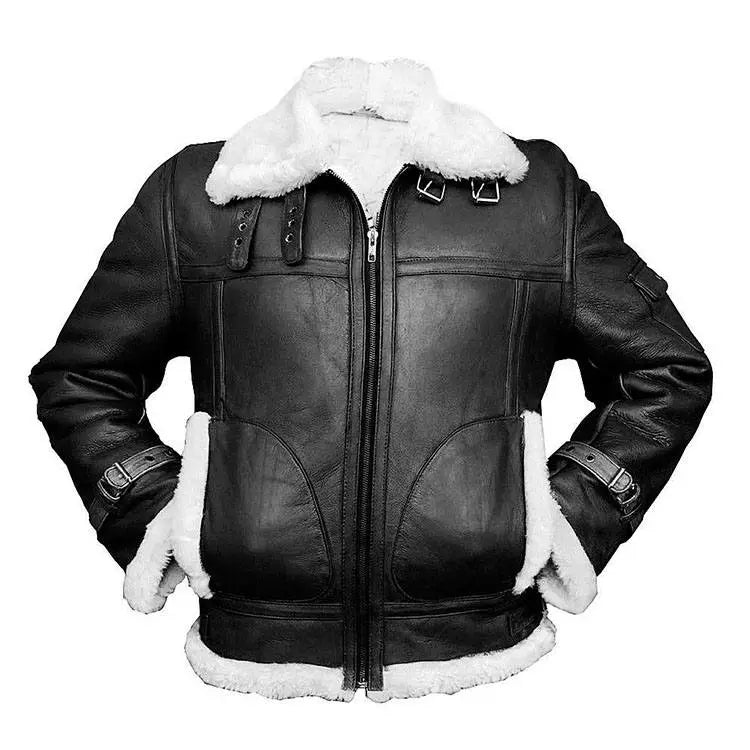 Black Aviator White Fur Jacket In Genuine Leather