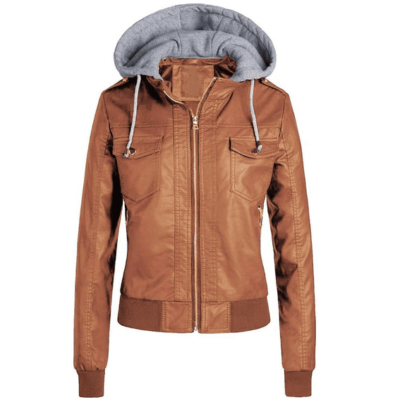 WOMEN'S TAN BROWN REMOVABLE HOOD BOMBER JACKET