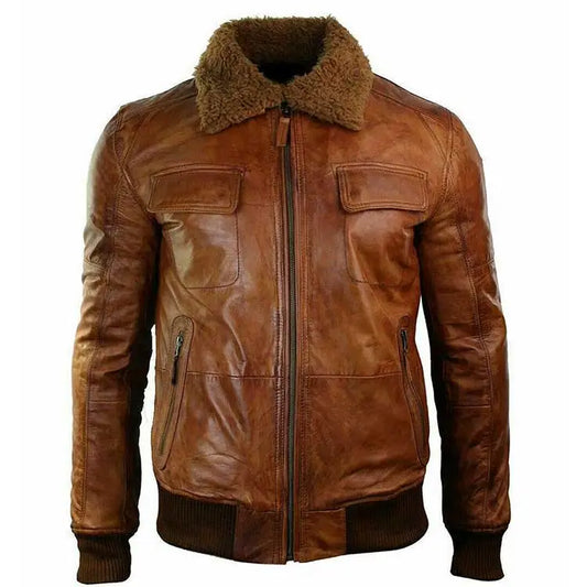 Brown Bomber Fur Collar Genuine Leather Jacket