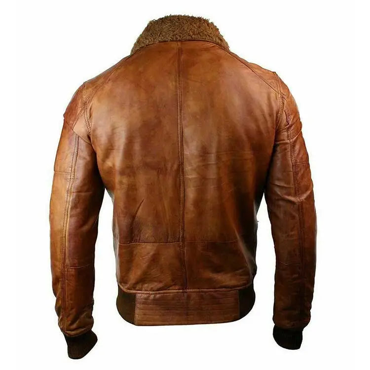 Brown Bomber Fur Collar Genuine Leather Jacket