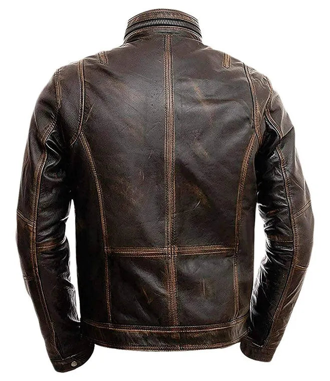 Distressed Cafe Racer Biker Jacket In Brown Leather