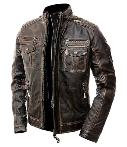 Distressed Cafe Racer Biker Jacket In Brown Leather