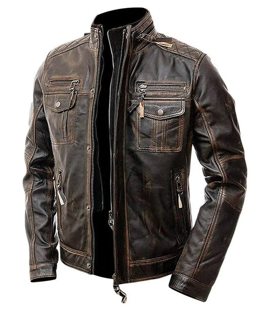 Distressed Cafe Racer Biker Jacket In Brown Leather