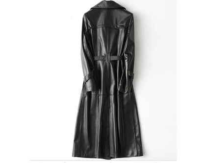 Women’s Handmade Winter Long Coat Real Lambskin Black Leather Trench Coat