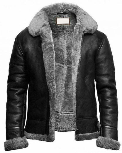 Aviator Black RAF B3 Shearling Grey Fur Leather Jacket